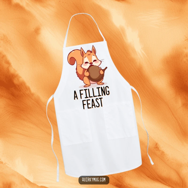 Funny squirrel character in an apron, looking shocked with a huge acorn lodged mid-swallow, representing kitchen overloads.