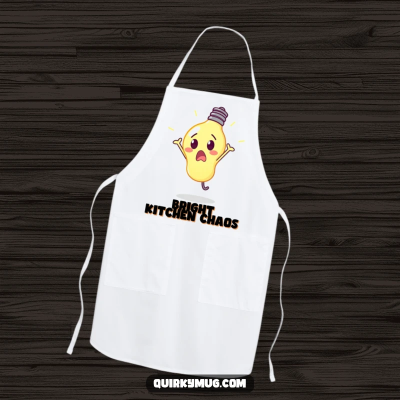 Funny, surprised lightbulb glowing brightly during a cartwheel, a humorous apron for kitchen creativity.