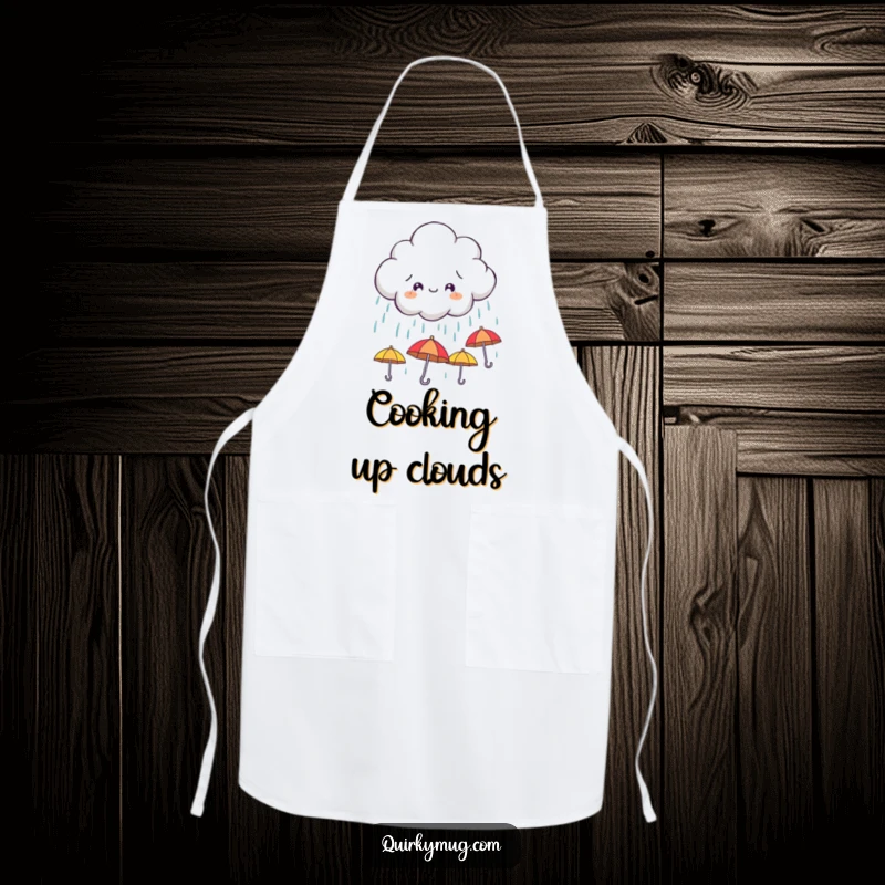 Funny apron depicting a mischievous cloud character raining down tiny, smiling umbrellas, ideal for kitchen use with a cheerful theme.