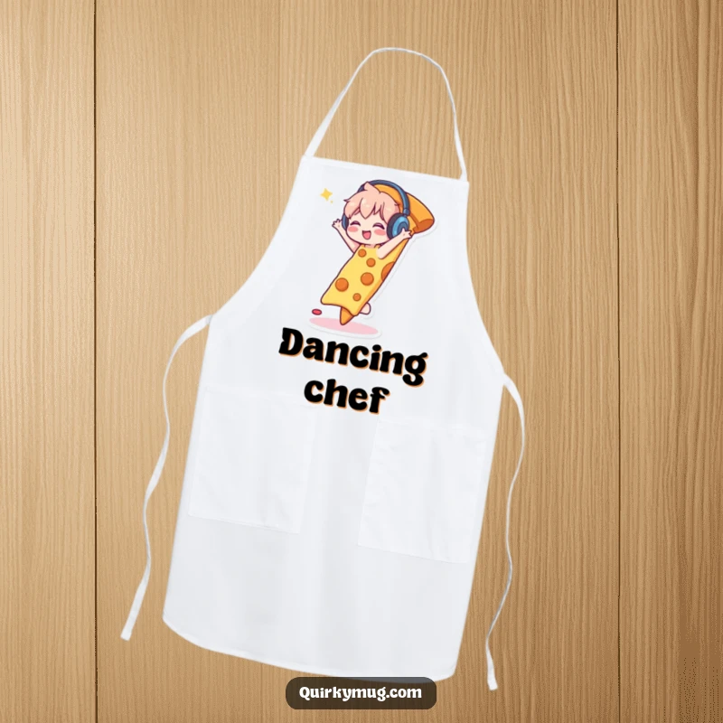 Funny apron with a cute character wearing headphones, happily dancing on a giant slice of pizza, ideal for kitchen parties and laughter.