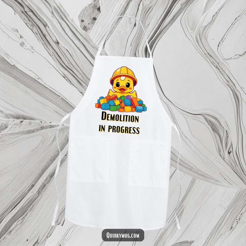 Funny construction helmet rubber ducky bewildered by LEGOs, a humorous and practical apron.