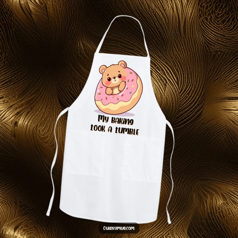 Funny apron: Cheerful bear character tripping over a giant rolling donut, expressing comical surprise, a great funny gift.