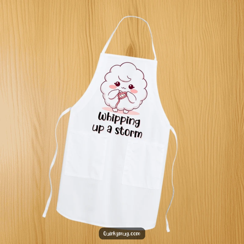 Funny apron with a fluffy cloud character humorously knitting with its own mist, a delightful kitchen companion.