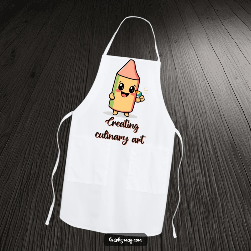 Funny apron with a beaming crayon character attempting to draw its self-portrait using its own tip, for the artistic cook.