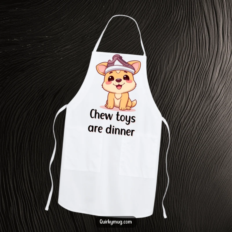 Funny dog apron: Happy dog character humorously wearing a shoe on its head as a hat, a practical funny gift.