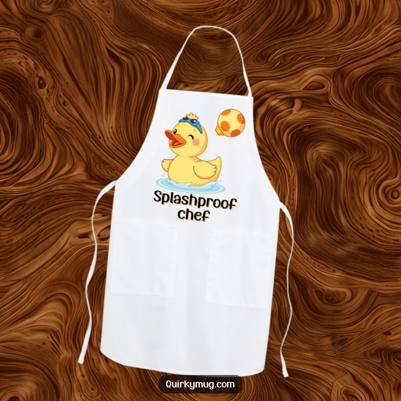Funny apron depicting a cheerful giant rubber duck wearing swim fins and doing a cannonball.
