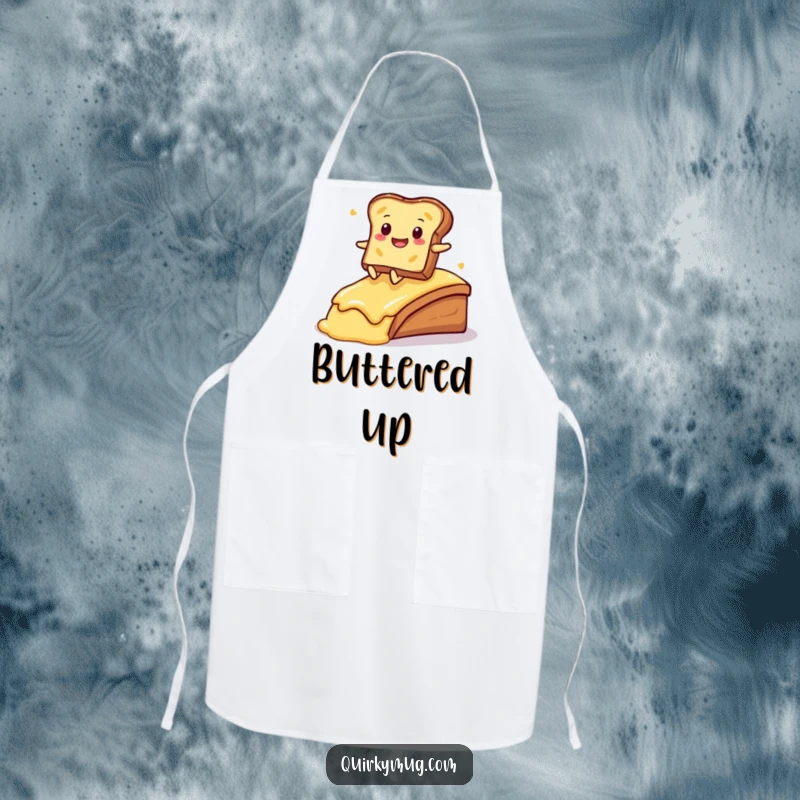 Funny Kawaii toast character in a chef's hat, sliding on a buttered ramp, featured on this apron.