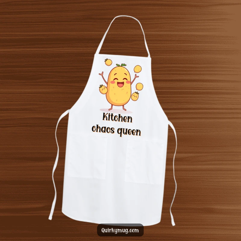 Funny apron featuring a clumsy potato character hilariously trying to juggle three small potatoes while cooking, bringing humor to the kitchen.