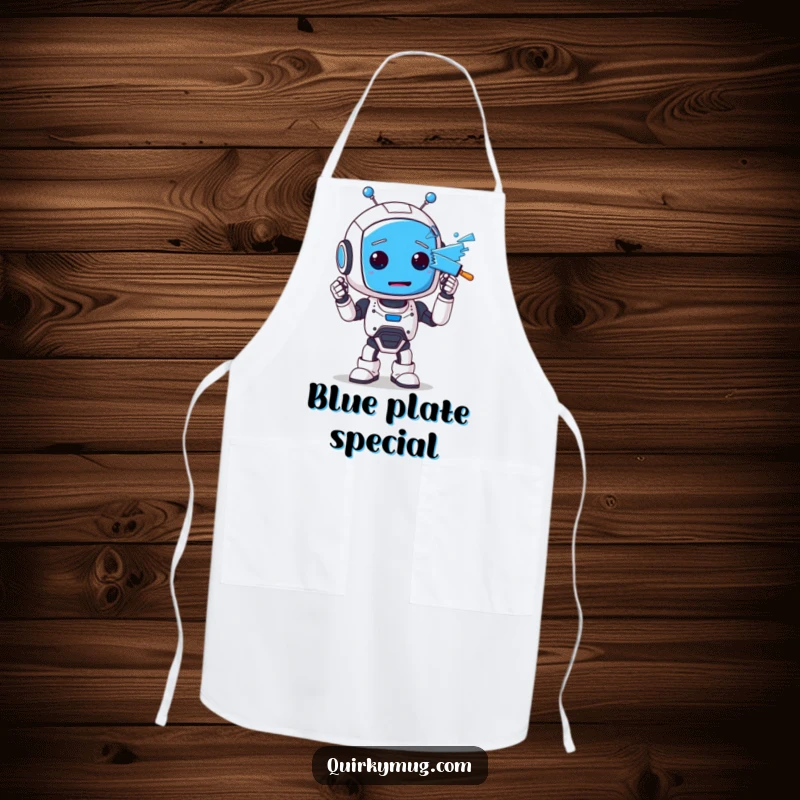 Funny apron showing a clumsy robot character with its face completely painted blue, ready to tackle culinary creations with a mishap.