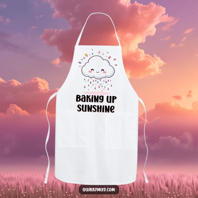 Funny cloud character raining oversized sprinkles, on a practical kitchen apron.