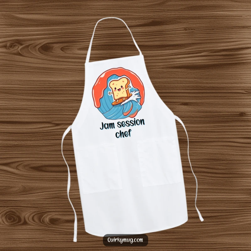Funny apron displaying a happy toast character mid-surf on a giant jam wave, adding playful energy to any kitchen task.