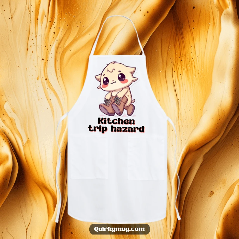 Funny Tripping Creature Apron: A little creature in oversized boots tripping, a humorous and protective kitchen accessory.