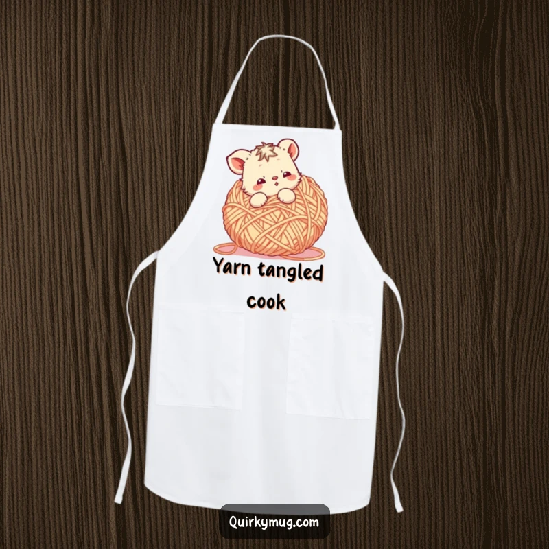 Funny Yarn Animal Apron: A cute animal character tangled in a giant ball of yarn, a humorous and protective craft accessory.