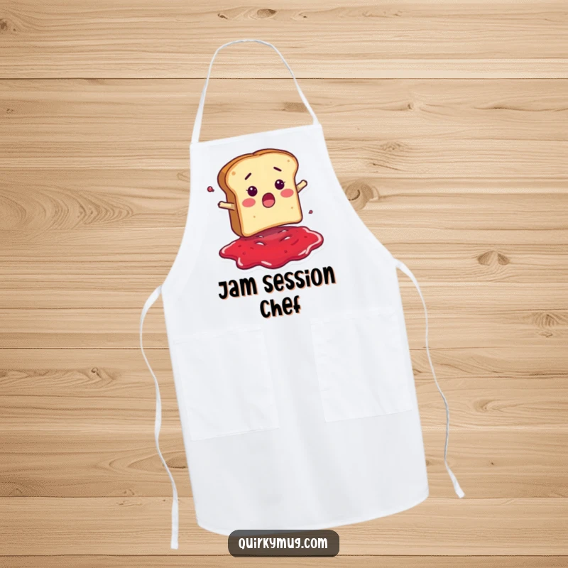 Funny apron featuring a surprised bread slice character falling into a puddle of jam, designed for kitchen fun.