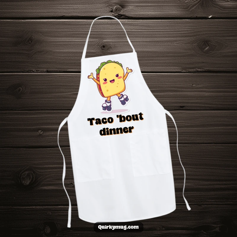 Funny taco character attempting to roller skate while wearing an apron, ready for kitchen chaos.