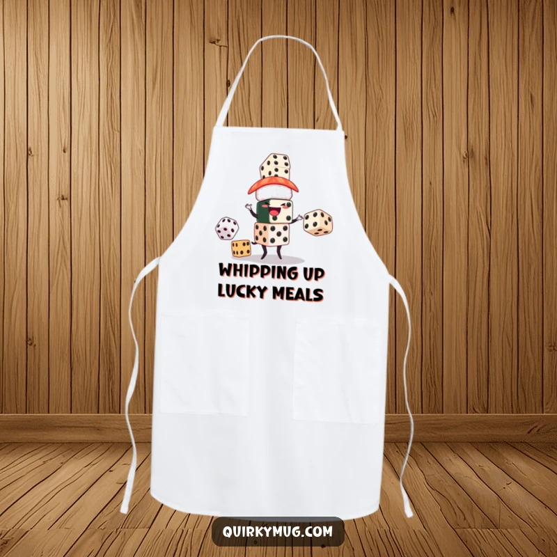 Funny apron with a sushi character juggling oversized dice, ideal for cooks who enjoy luck and humor in the kitchen.