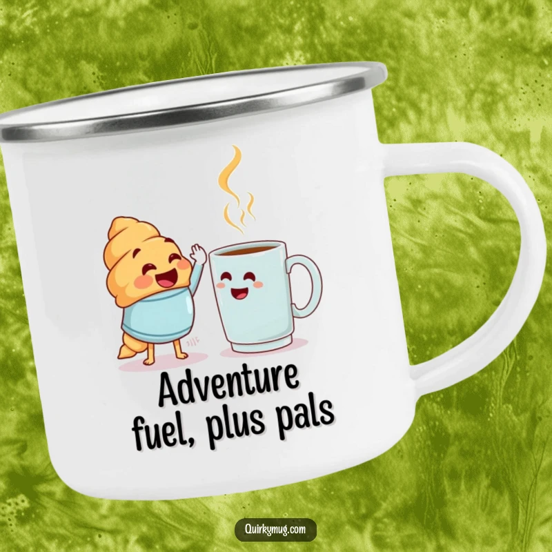 Funny croissant character high-fiving a bewildered mug on a durable camping mug, great funny gift.