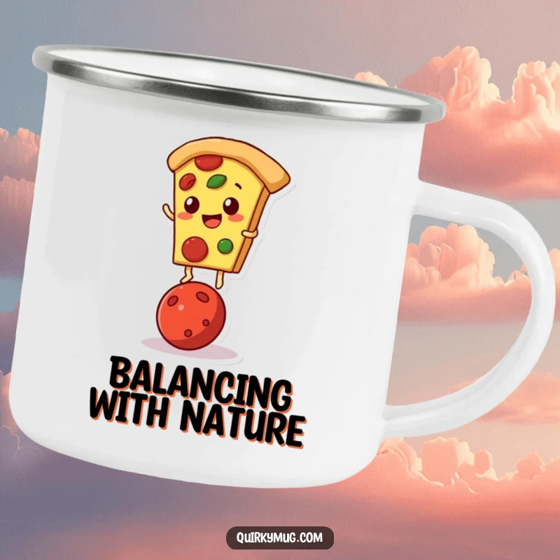 Funny camping mug with a pizza slice performing a pepperoni balancing act, built for outdoor eats.