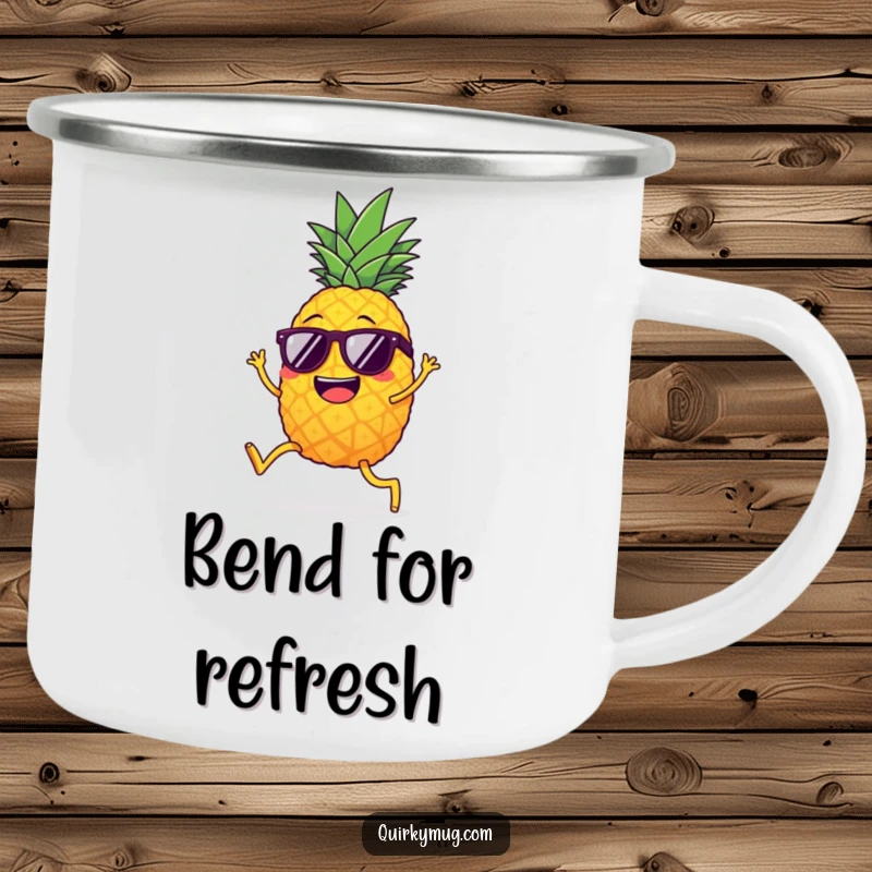 Funny giggling pineapple wearing sunglasses, doing the limbo, a humorous and durable camping mug.