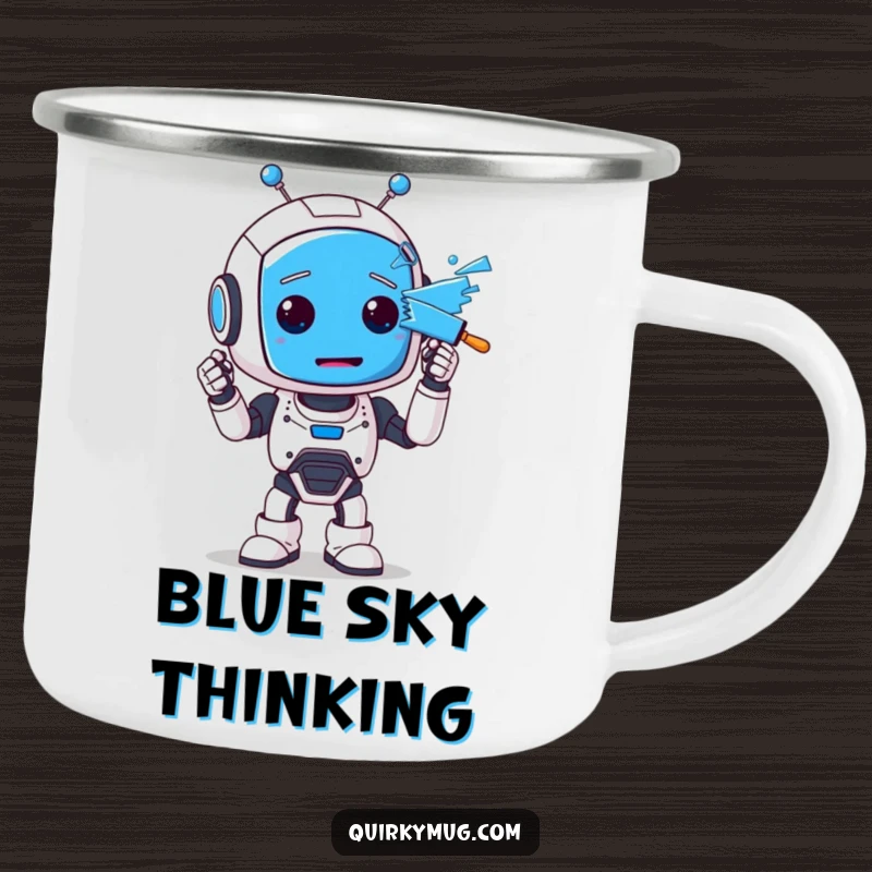Funny camping mug with a clumsy robot character sporting a bright blue face, ready for outdoor adventures and morning beverages.