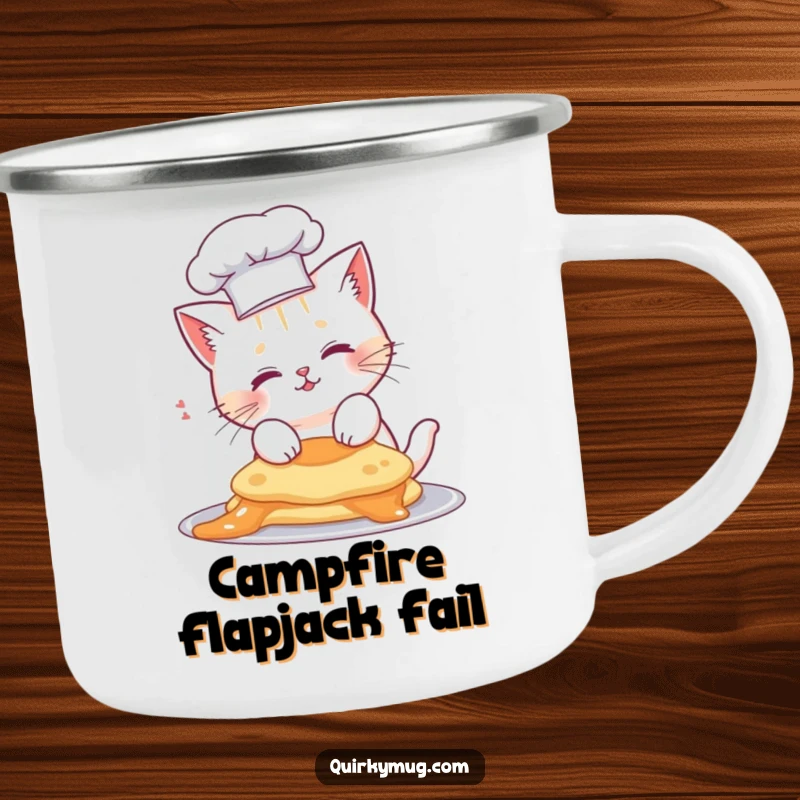 Funny cat chef camping mug, cute cat in a chef hat with a pancake stuck on its head.