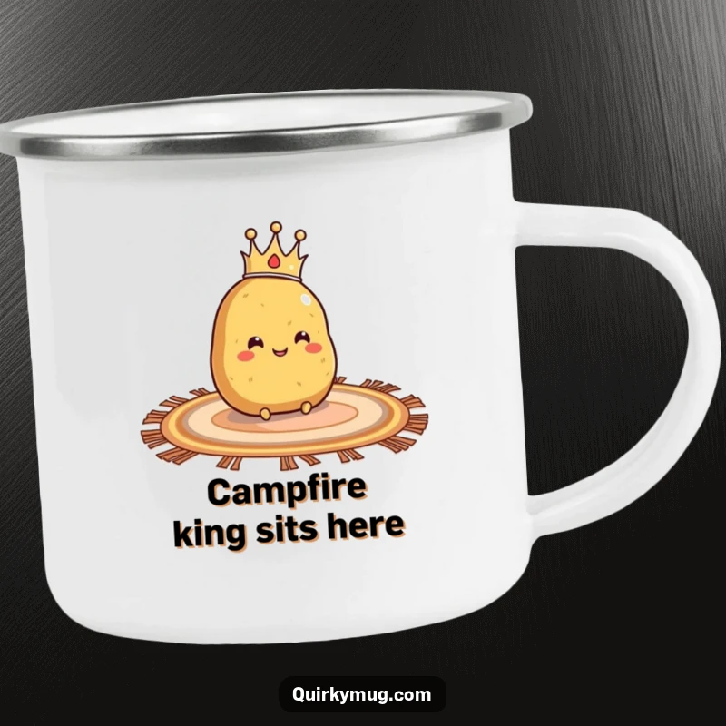 Funny camping mug with a crowned potato sliding on a rug, built for outdoor adventurers.
