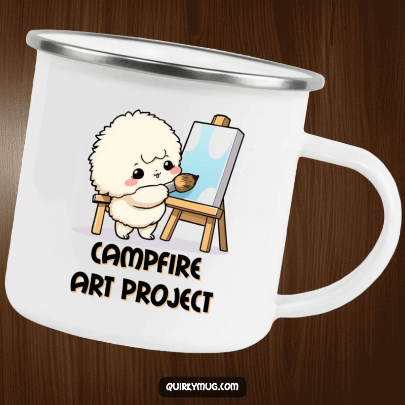 Funny Art Creature Camping Mug: A fluffy creature painting with a giant brush, ready for artistic inspiration.