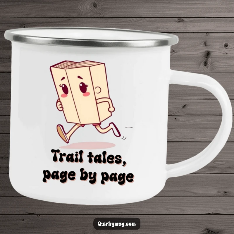 Funny camping mug with a book character running a race, designed for outdoor reading sessions and humorous enjoyment.