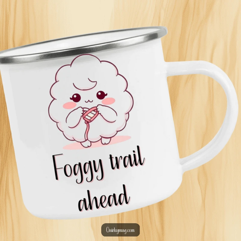 Funny camping mug featuring a fluffy cloud character humorously knitting with its own mist, ready for outdoor adventures.