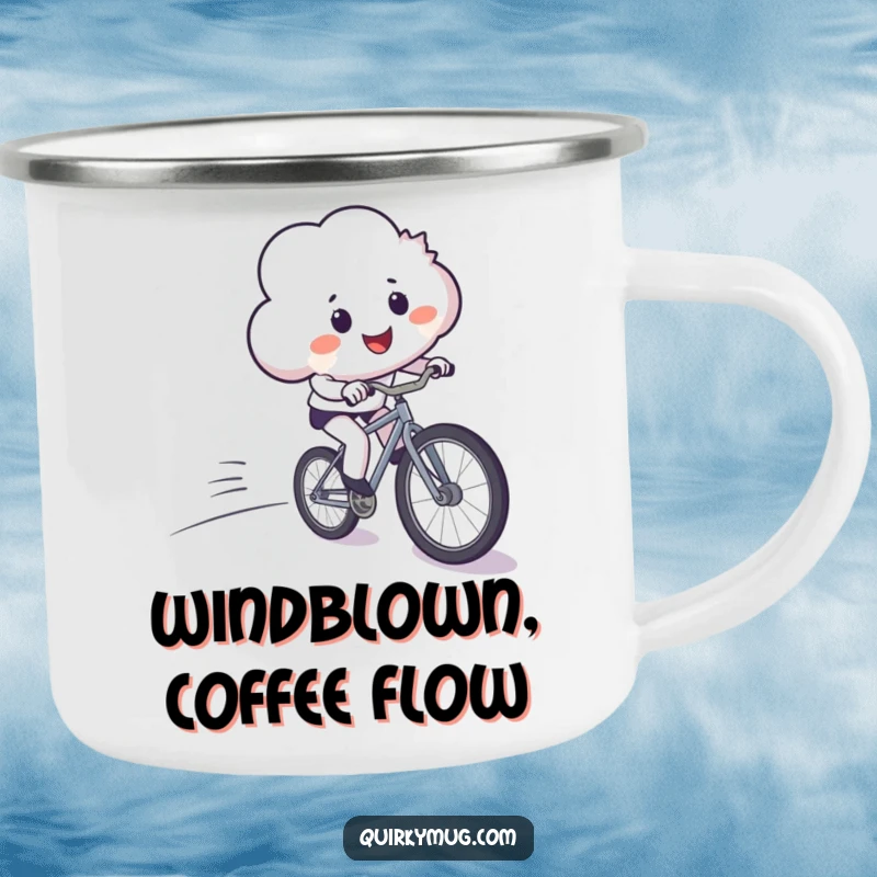 Funny camping mug featuring a smiling cloud comically losing control on a bicycle, ideal for outdoor humor.