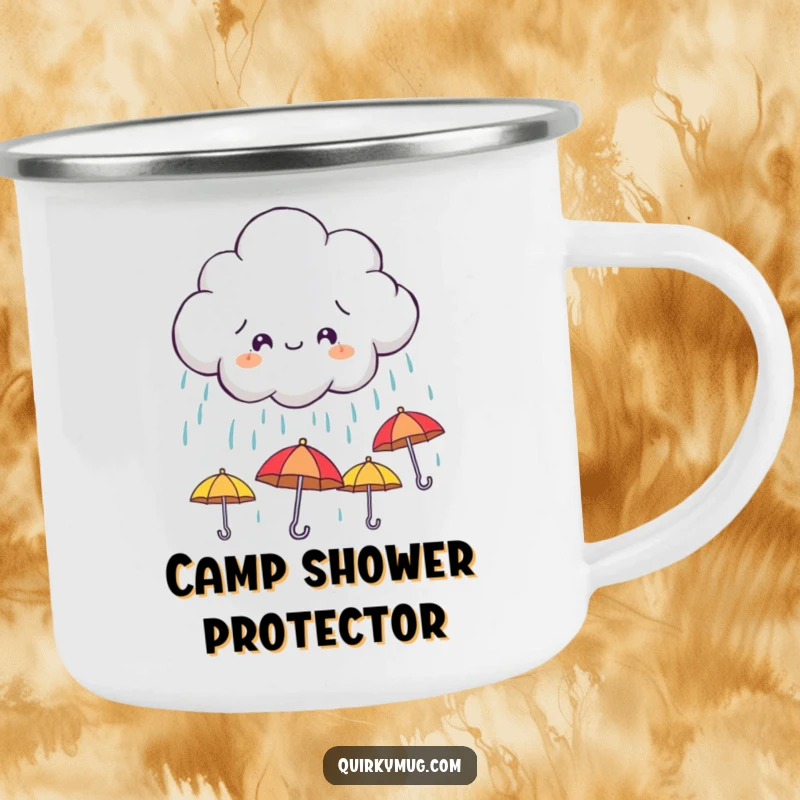 Funny camping mug showcasing a mischievous cloud character raining down tiny, smiling umbrellas, designed for outdoor enjoyment.
