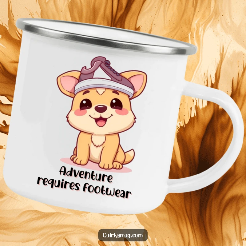 Funny dog camping mug: Happy dog character humorously wearing a shoe on its head as a hat, a great funny gift.