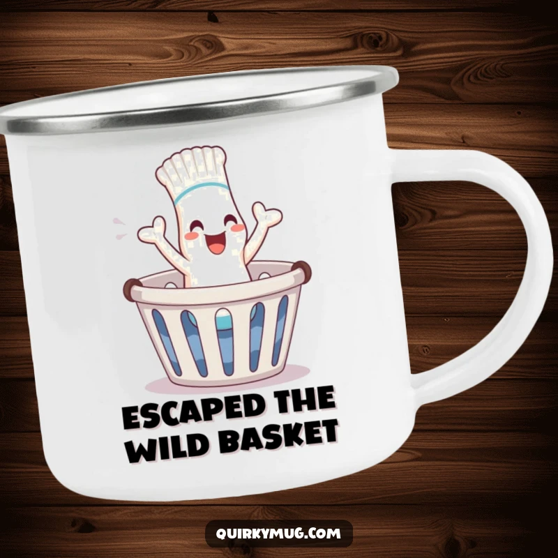 Funny sock character hopping out of laundry basket on a rugged camping mug, a fun funny gift.