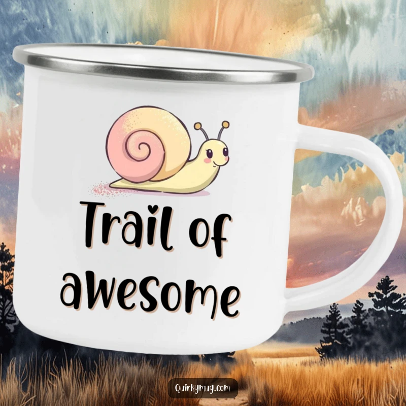 Funny Camping Mug with a joyful snail character and its glitter trail, perfect for outdoor humor and drinks.
