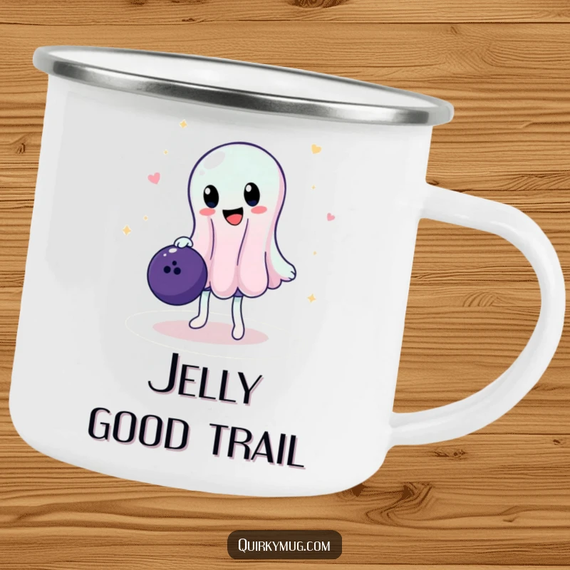 Funny camping mug with a wobbly jelly character precariously balancing a bowling ball, ready for outdoor adventures and hot beverages.