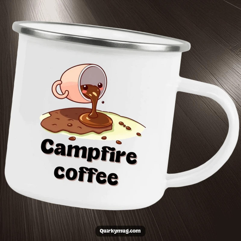 Funny Kawaii coffee cup character spilling a tiny amount of coffee on a vast landscape on a camping mug, looking slightly embarrassed.