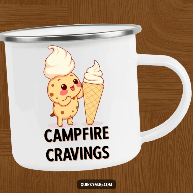 Funny Kawaii cookie character reaching up to lick a huge ice cream cone on a camping mug, looking determined.