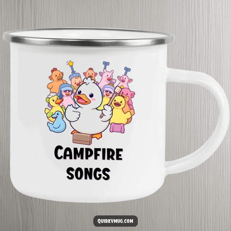 Funny Kawaii rubber duck conducting bath toys on a rustic camping mug, ready for outdoor adventures.