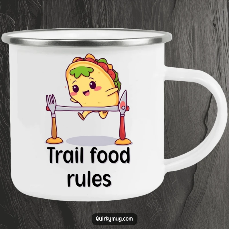 Funny Kawaii taco character mid-air, jumping over a hurdle made of cutlery on a camping mug, looking athletic.