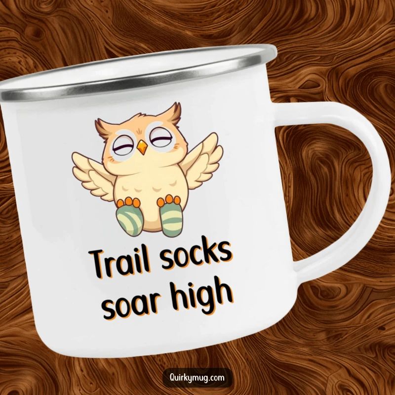 Funny owl character enjoying the outdoors with a camping mug, attempting flight with mismatched socks, giggling.