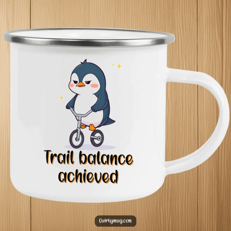 Funny penguin character enjoying the outdoors with a camping mug, frowning while attempting to ride a tiny unicycle.