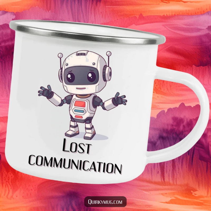 Funny Camping Mug depicting a curious robot character attempting dance moves with chaotic limbs, ideal for outdoor humor.