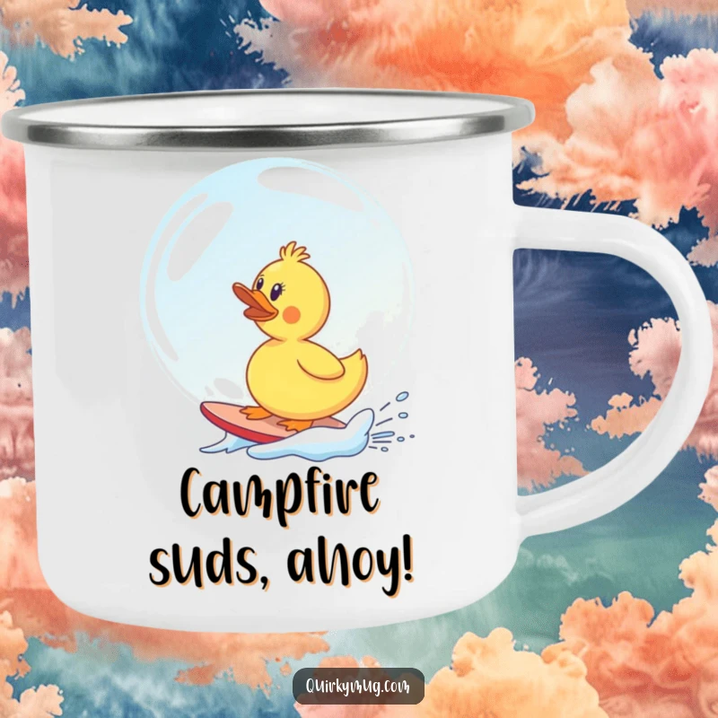 Funny rubber duck comically surfing a giant soap bubble, a humorous and durable camping mug.
