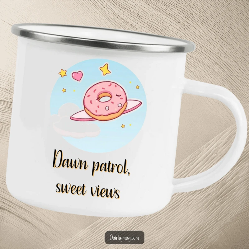 Funny camping mug with a sleepy doughnut character dreaming of flying through the sky, designed for outdoor enjoyment and sweet humor.