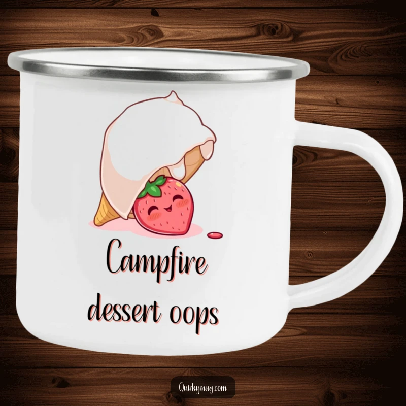 Funny camping mug featuring a blushing strawberry character peeking out shyly from under a large overturned ice cream cone, perfect for outdoor enjoyment.
