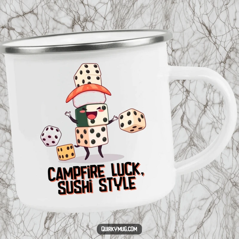 Funny camping mug with a sushi character juggling oversized dice, designed for outdoor adventures and adding a humorous, lucky touch.