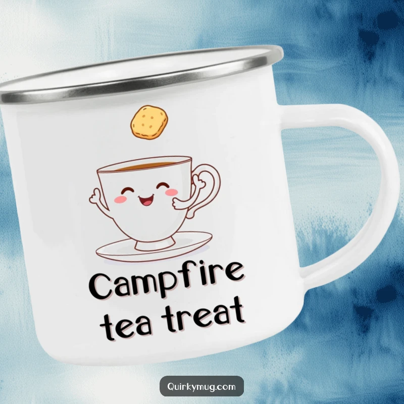 Funny cheerful teacup with arms attempting to self-serve a biscuit, durable enamel camping mug.