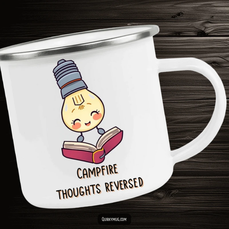 Funny camping mug with a lightbulb character trying to read an upside down book, built for thinkers.