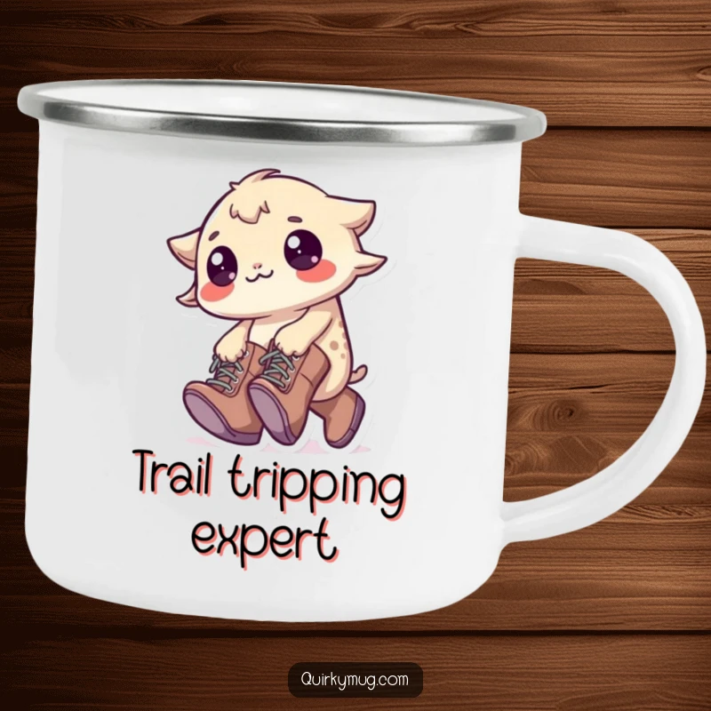 Funny Tripping Creature Camping Mug: A little creature in oversized boots tripping, ready for campfire stories, a durable funny gift.