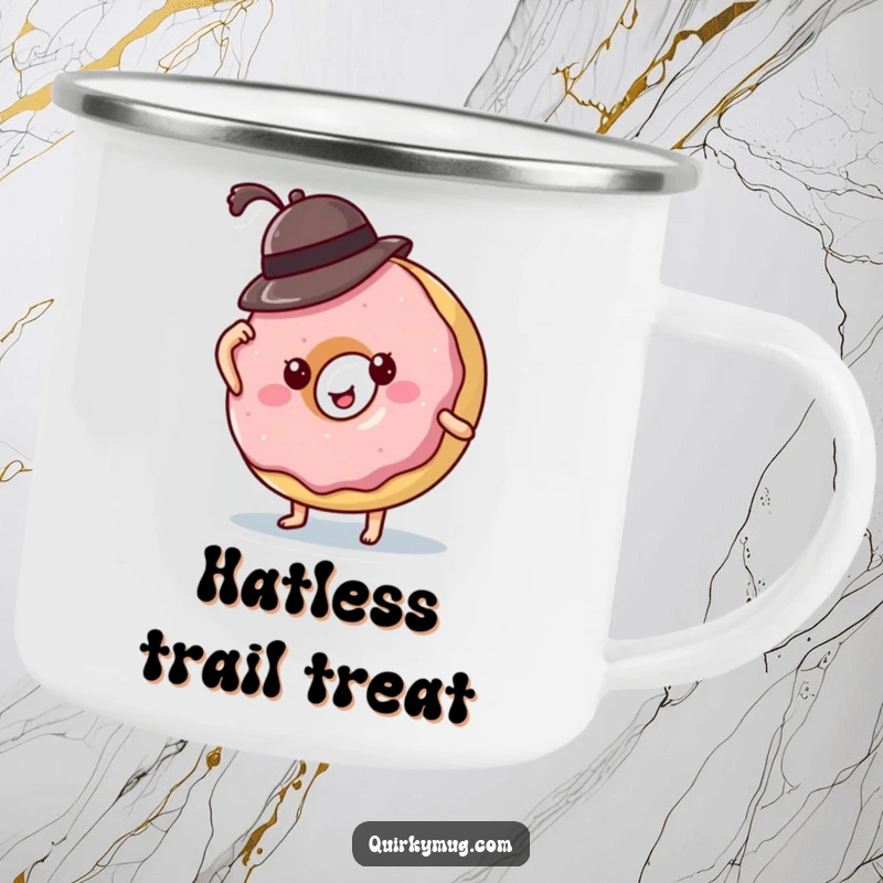 Funny donut character losing its tiny hat, a humorous and durable camping mug for outdoor enthusiasts.